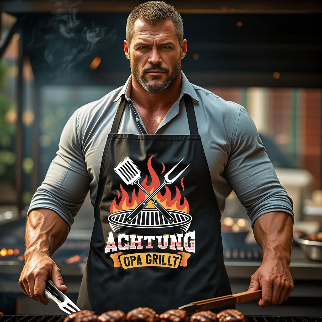 Grillschürze – „Achtung Opa grillt“ – BBQ Schürze mit Spruch für Männer