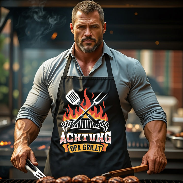 Grillschürze – „Achtung Opa grillt“ – BBQ Schürze mit Spruch für Männer