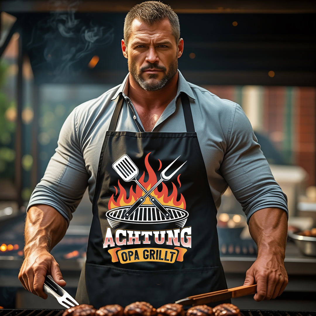 Grillschürze – „Achtung Opa grillt“ – BBQ Schürze mit Spruch für Männer