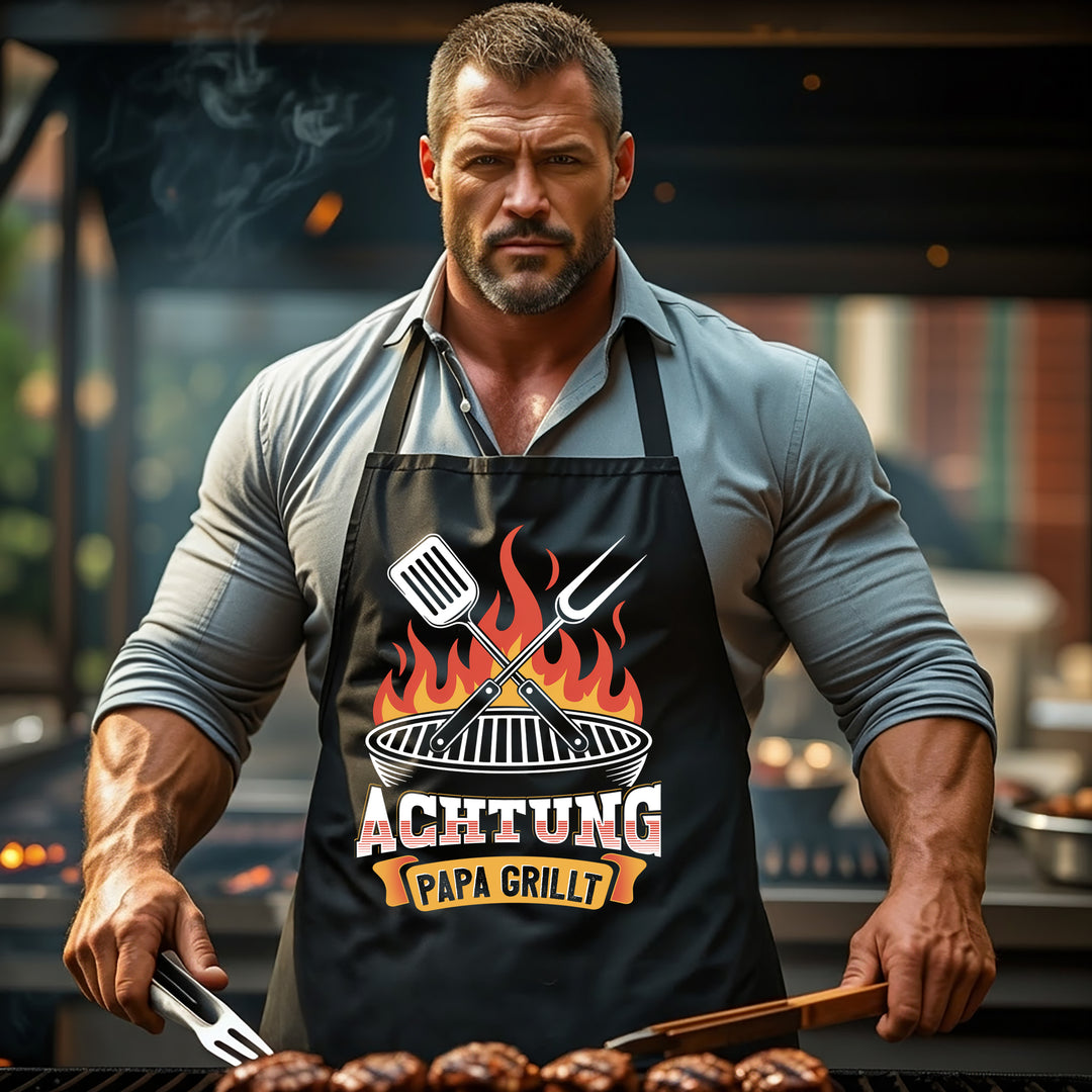 Grillschürze – „Achtung Papa grillt“ – BBQ Schürze mit Spruch für Männer