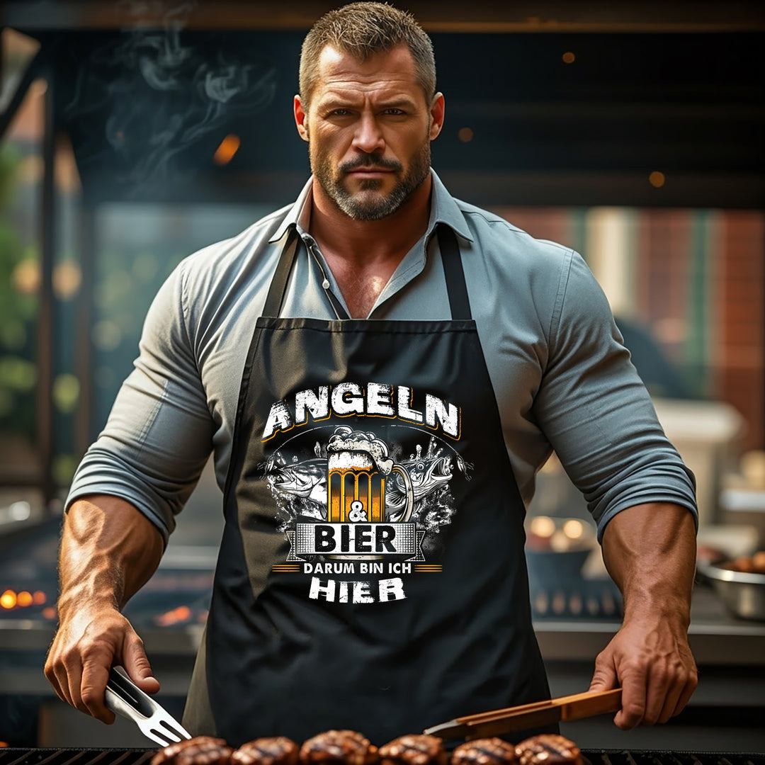 Grillschürze – „Angeln & Bier“ – BBQ Schürze mit Spruch für Männer
