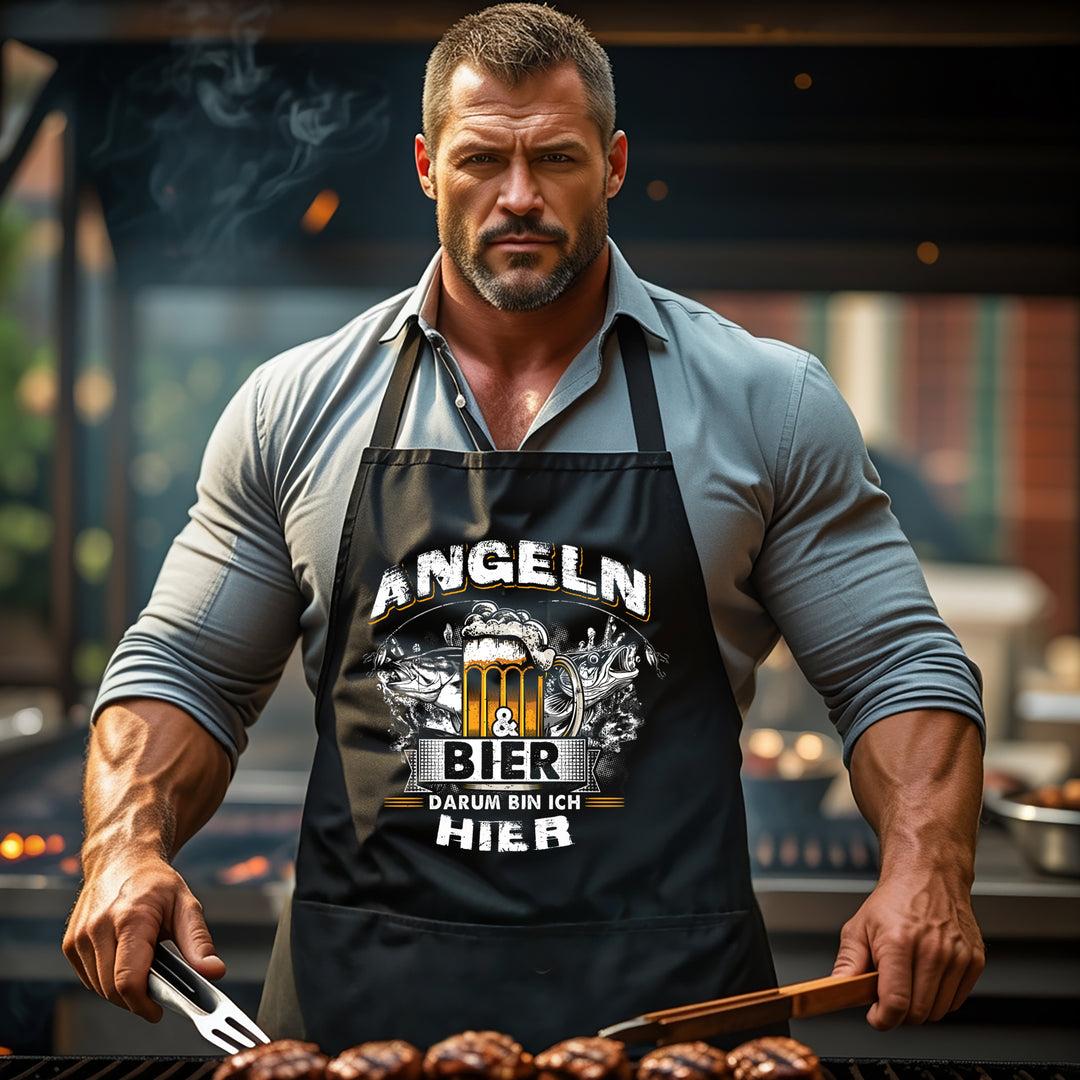 Grillschürze – „Angeln & Bier“ – BBQ Schürze mit Spruch für Männer