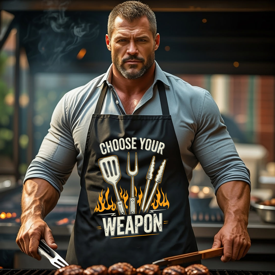 Grillschürze – „Choose Your Weapon“ – BBQ Schürze mit Spruch für Männer