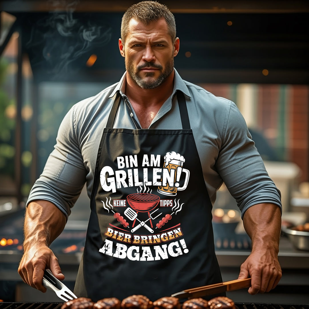 Grillschürze – „Bin am Grillen“ – BBQ Schürze mit Spruch für Männer