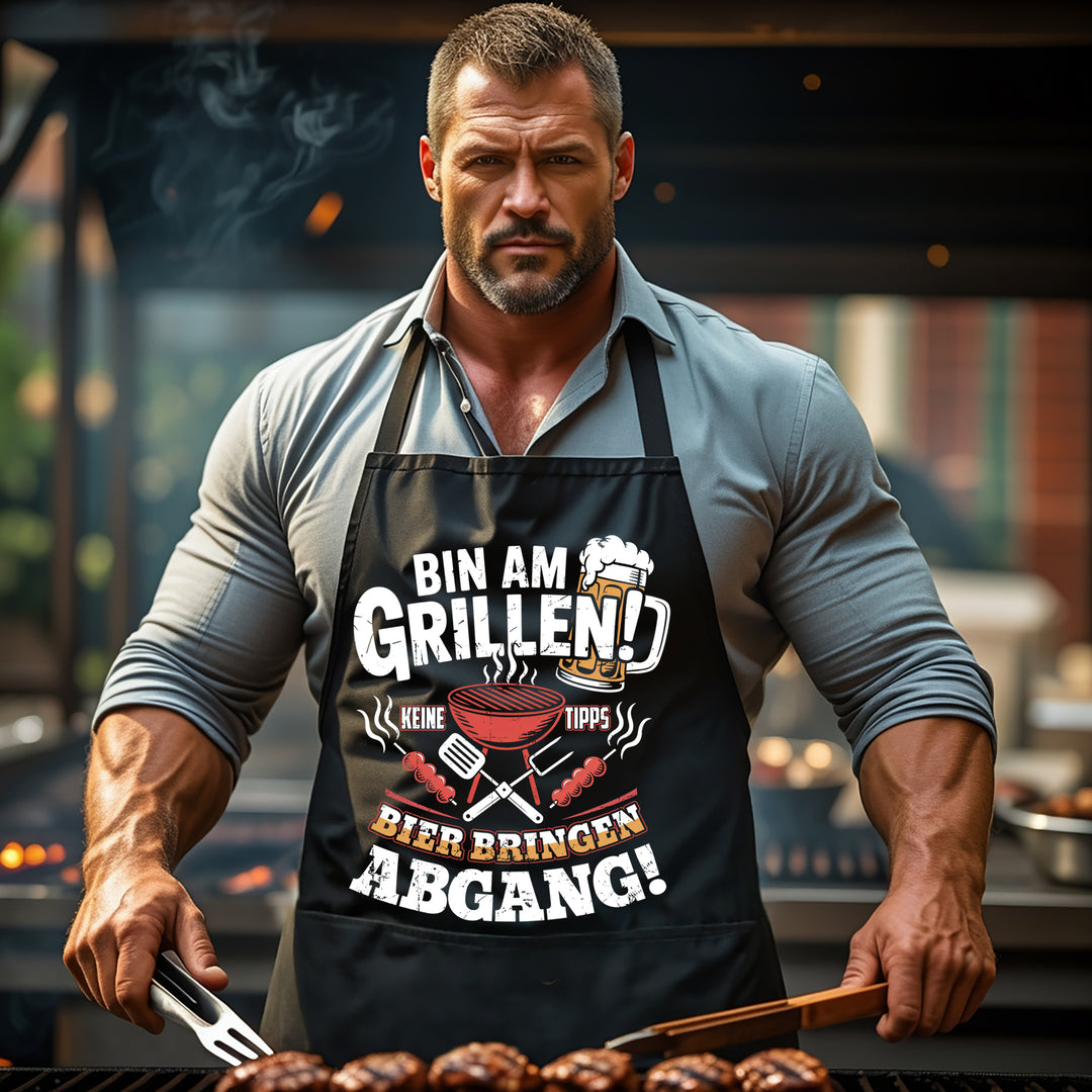 Grillschürze – „Bin am Grillen“ – BBQ Schürze mit Spruch für Männer