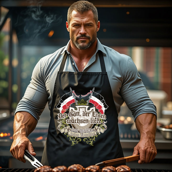 Grillschürze – „Der Gott, der Eisen wachsen ließ“ – BBQ Schürze mit Spruch für Männer