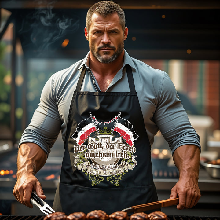 Grillschürze – „Der Gott, der Eisen wachsen ließ“ – BBQ Schürze mit Spruch für Männer