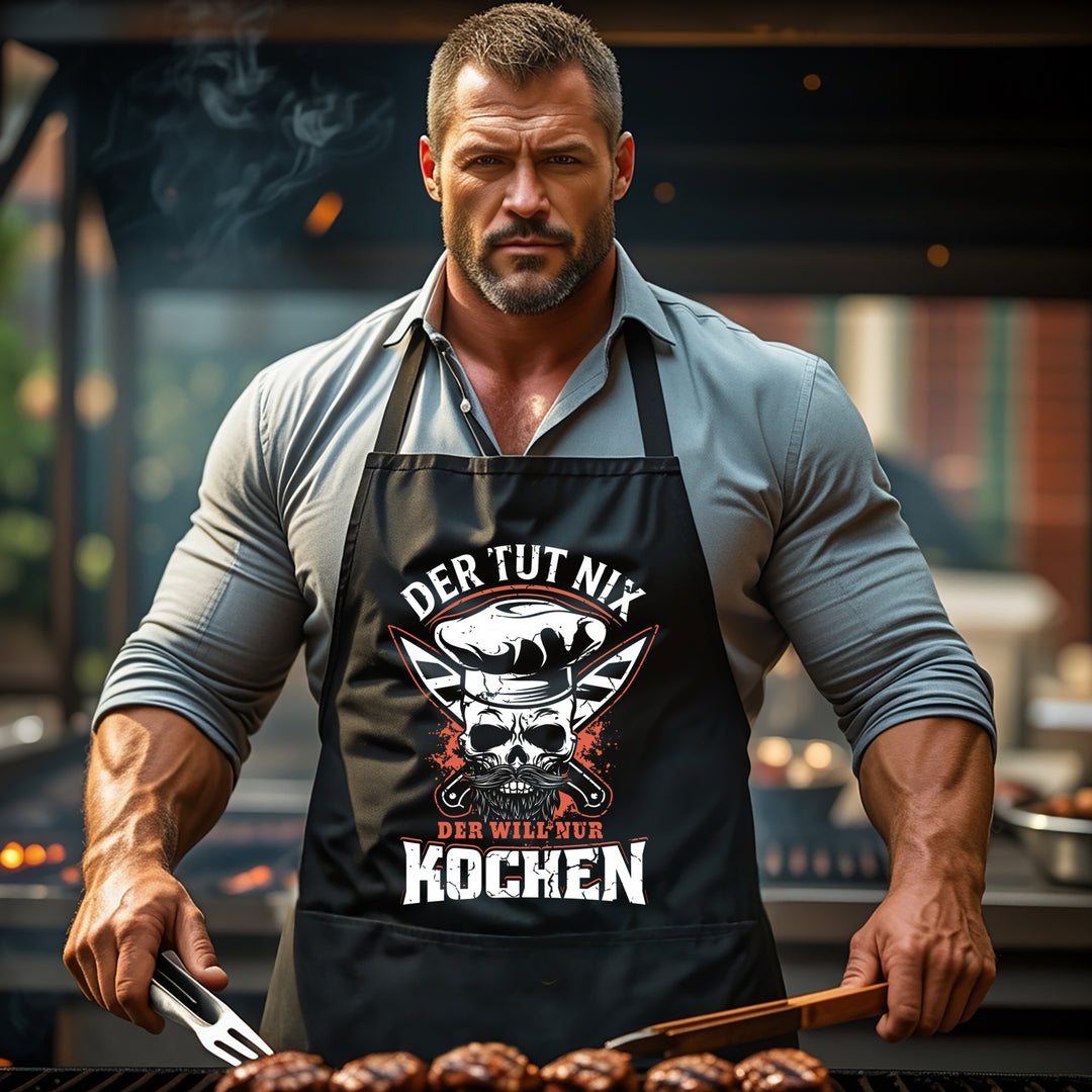Grillschürze – „Der will nur kochen“ – BBQ Schürze mit Spruch für Männer