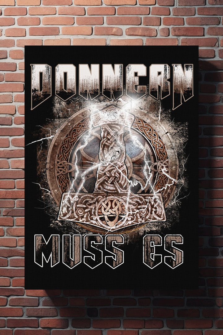 Donnern muss es Leinwand | Wikinger Schild & Runen Wandbild – Valhalla Deko