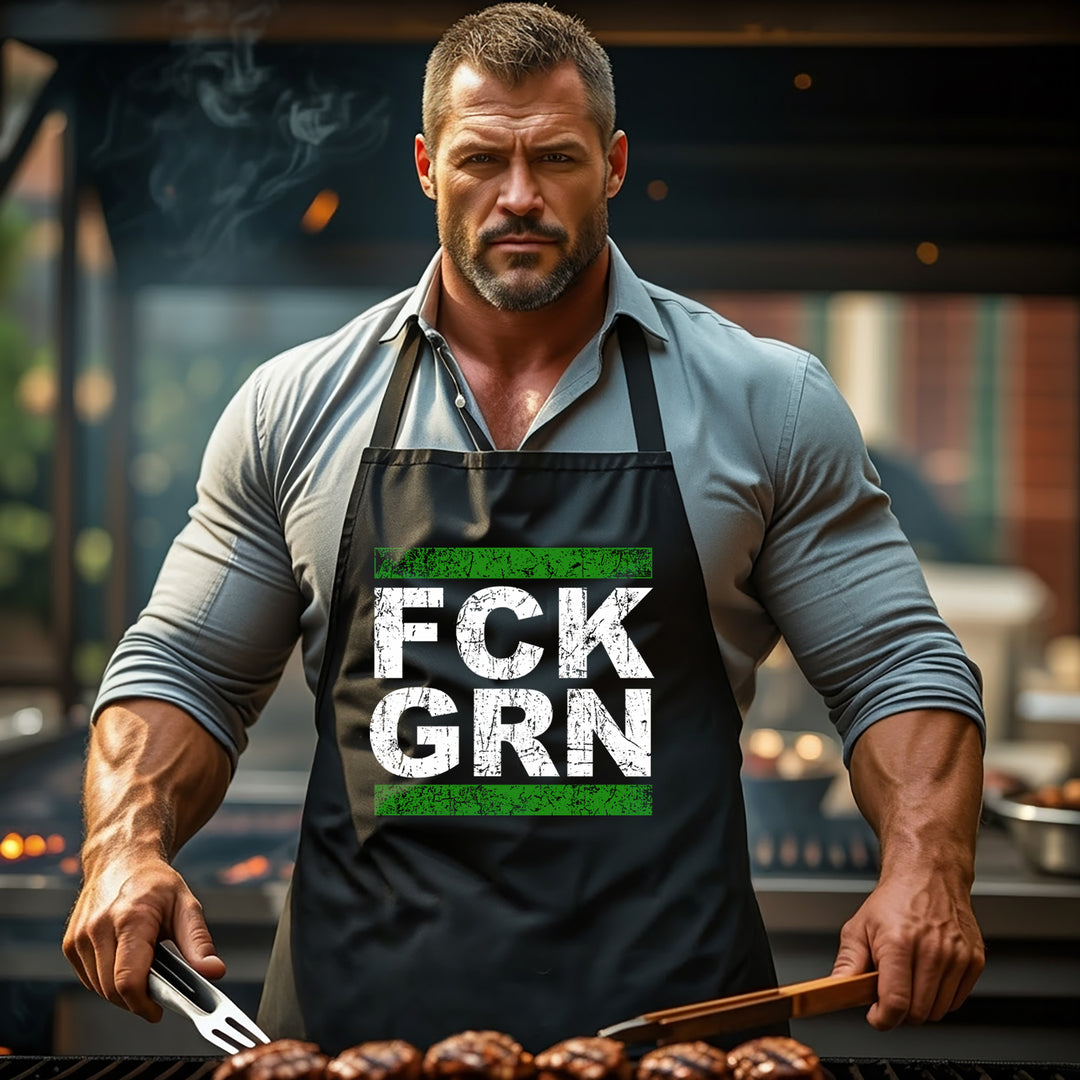 Grillschürze – „FCK GRN“ – BBQ Schürze mit Spruch für Männer
