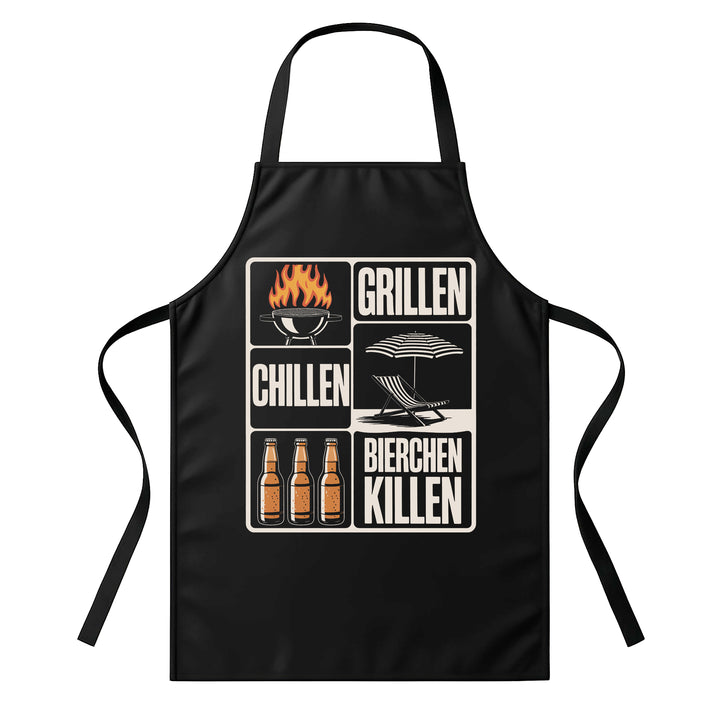 Grillschürze – „Grillen Chillen Bierchen Killen“ – BBQ Schürze mit Spruch für Männer