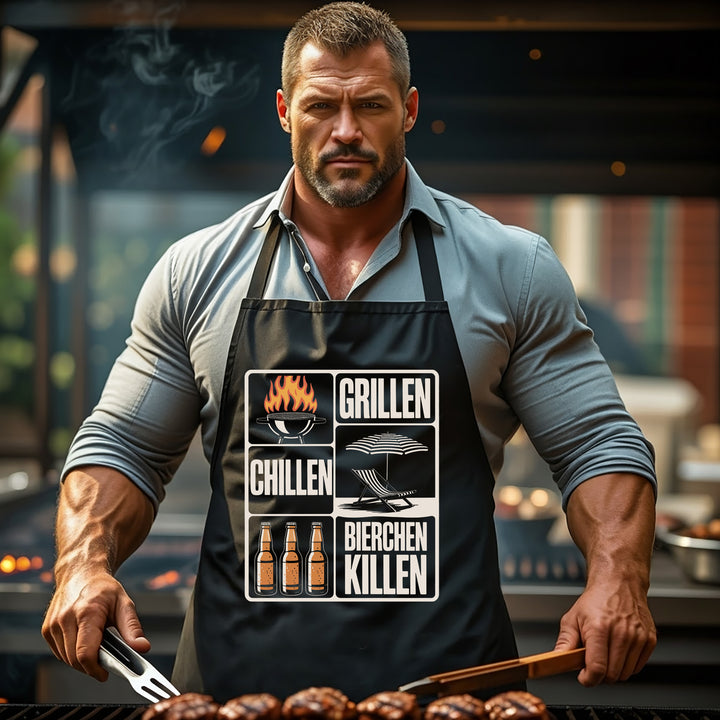 Grillschürze – „Grillen Chillen Bierchen Killen“ – BBQ Schürze mit Spruch für Männer