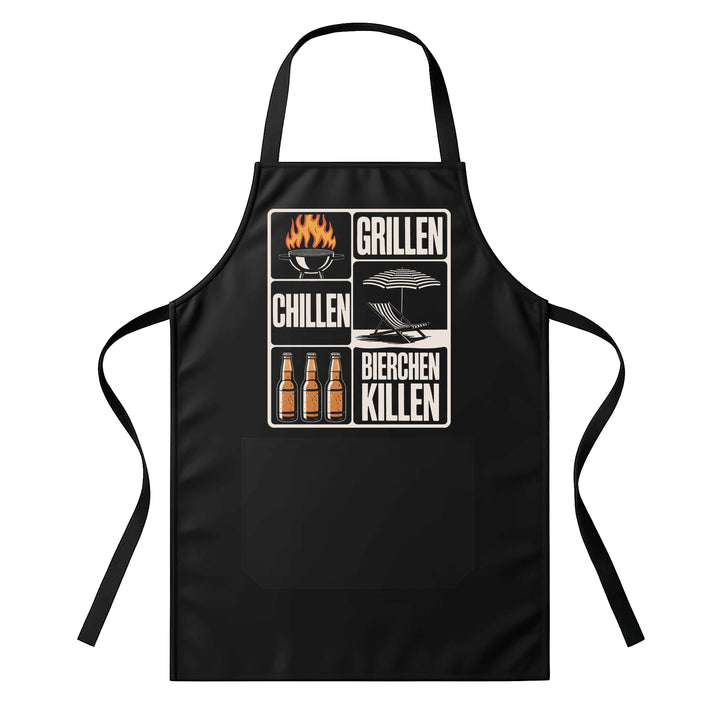 Grillschürze – „Grillen Chillen Bierchen Killen“ – BBQ Schürze mit Spruch für Männer