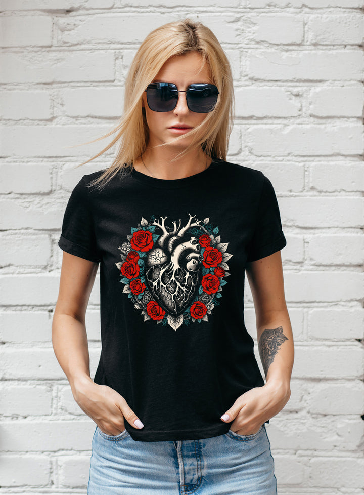 Heart Roses Damen T-Shirt | Herz Rosen Gothic Tattoo | M1