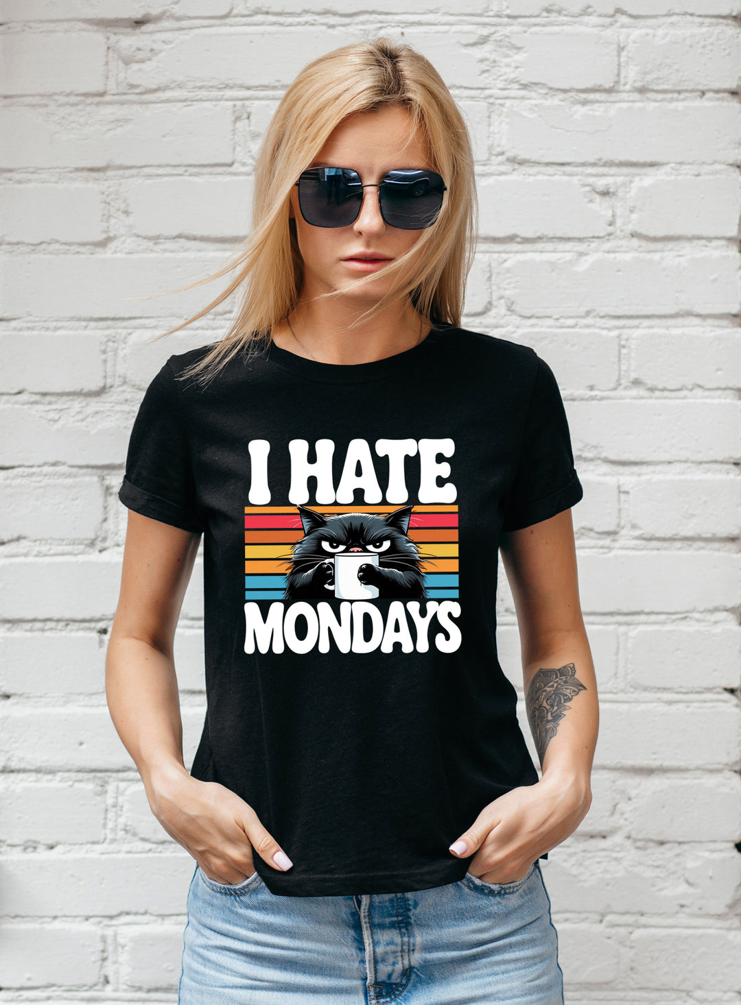 I Hate Mondays Damen T-Shirt | Katzen Arbeit Büro Job Humor Kaffee