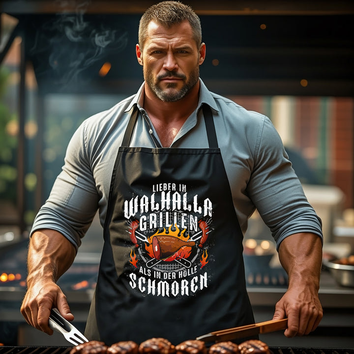 Grillschürze – „In Walhalla Grillen“ – BBQ Schürze mit Spruch für Männer