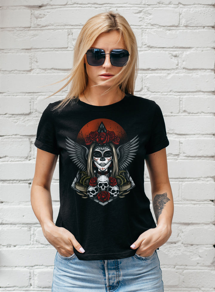 La Catrina Santa Muerte Damen T-Shirt | Mexican Skull Mask | M1