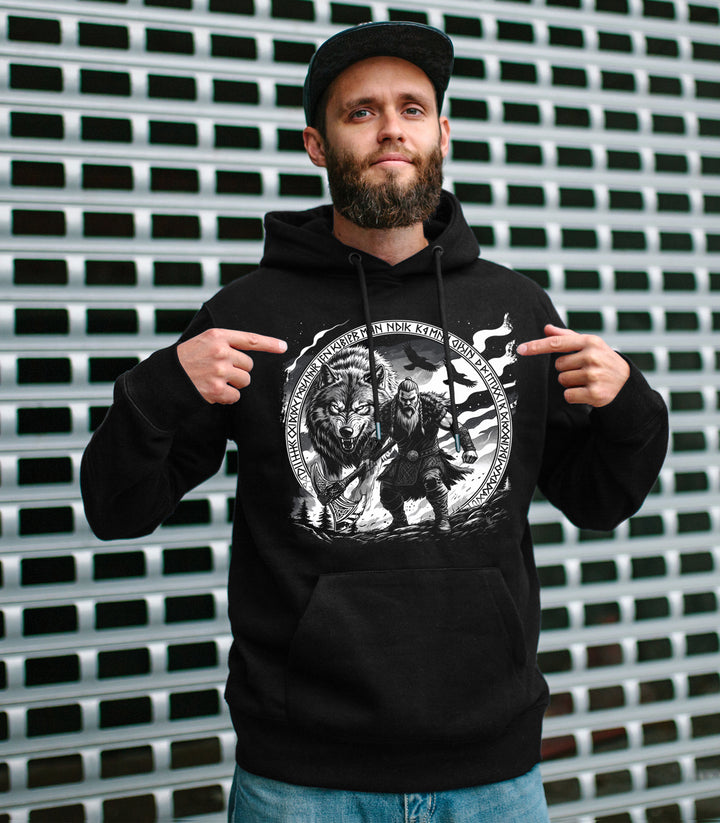Lieber ein Wolfs Odins Kapuzenpullover | Wikinger Hoodie mit Wolf & Axt | M3-M4