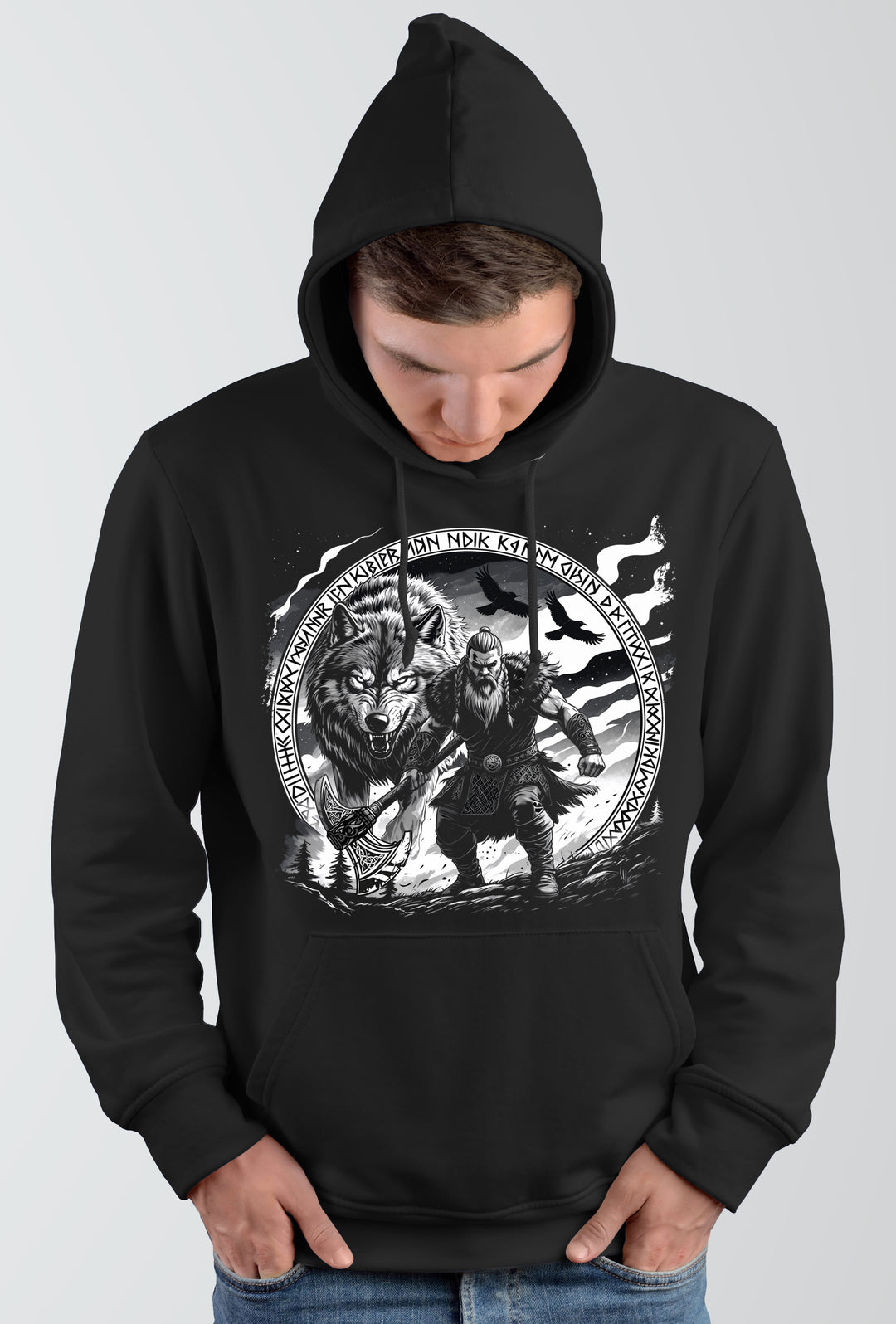 Lieber ein Wolfs Odins Kapuzenpullover | Wikinger Hoodie mit Wolf & Axt | M3-M4