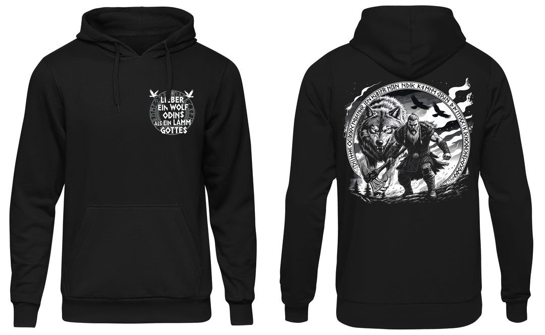Lieber ein Wolfs Odins Kapuzenpullover | Wikinger Hoodie mit Wolf & Axt | M3-M4