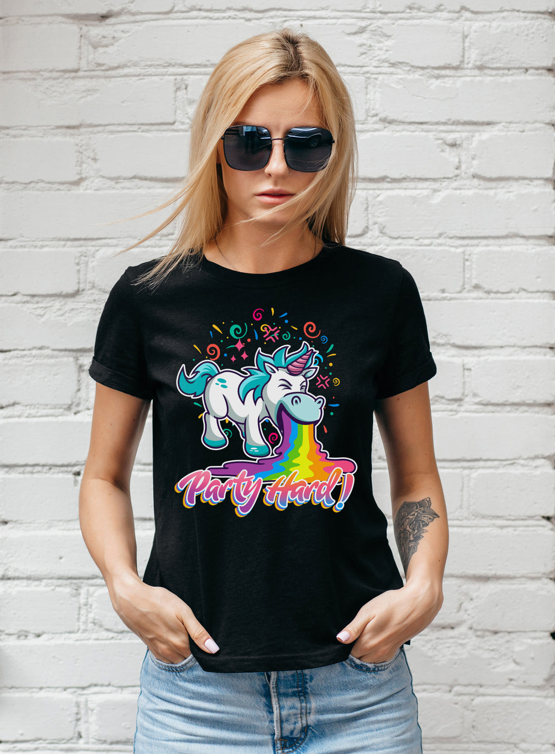 Party Hard Damen T-Shirt | Musik Party Einhorn