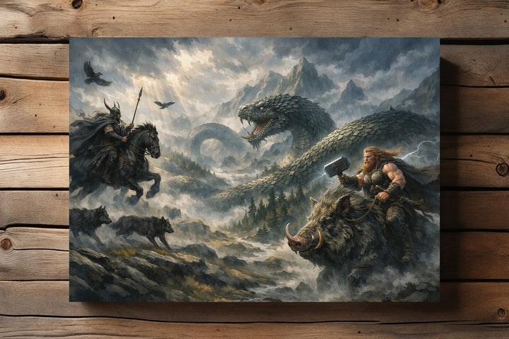 Ragnarök Leinwand | Wikinger Bild – Nordische Götter Thor Odin Schlacht Deko