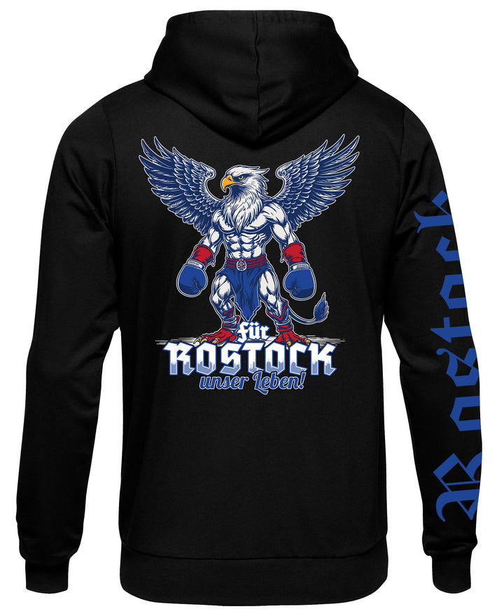 Rostock über alles Kapuzenpullover | Heimat Ostdeutschland | Ärmeldruck