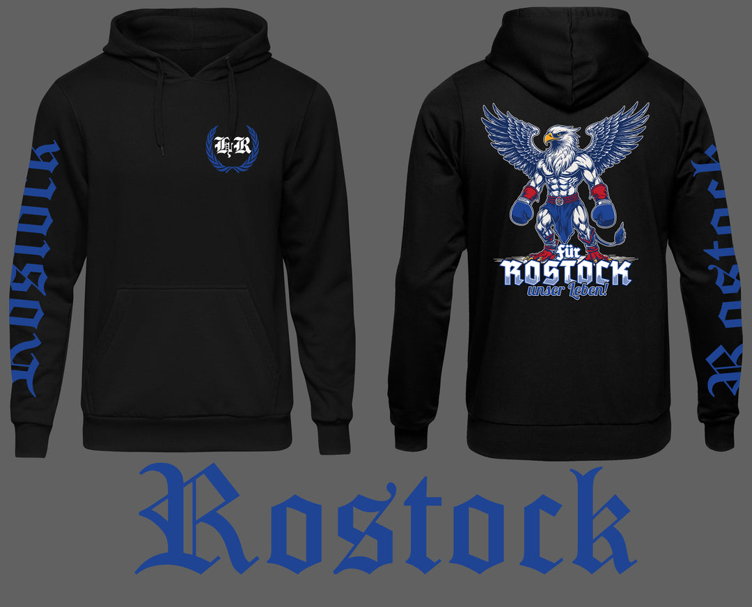 Rostock über alles Kapuzenpullover | Heimat Ostdeutschland | Ärmeldruck