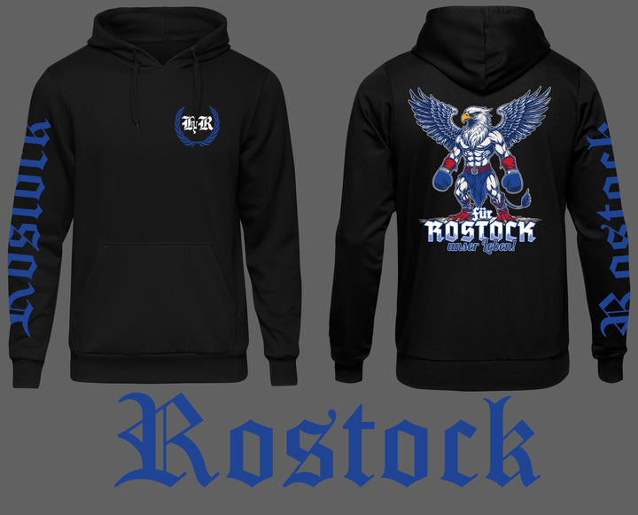 Rostock über alles Kapuzenpullover | Heimat Ostdeutschland | Ärmeldruck