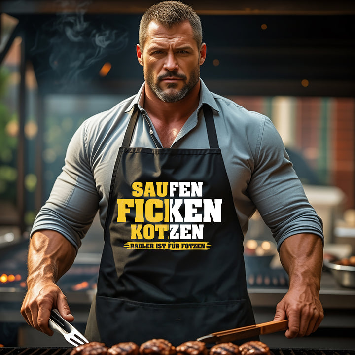 Grillschürze – „Saufen Ficken Kotzen“ – BBQ Schürze mit Spruch für Männer
