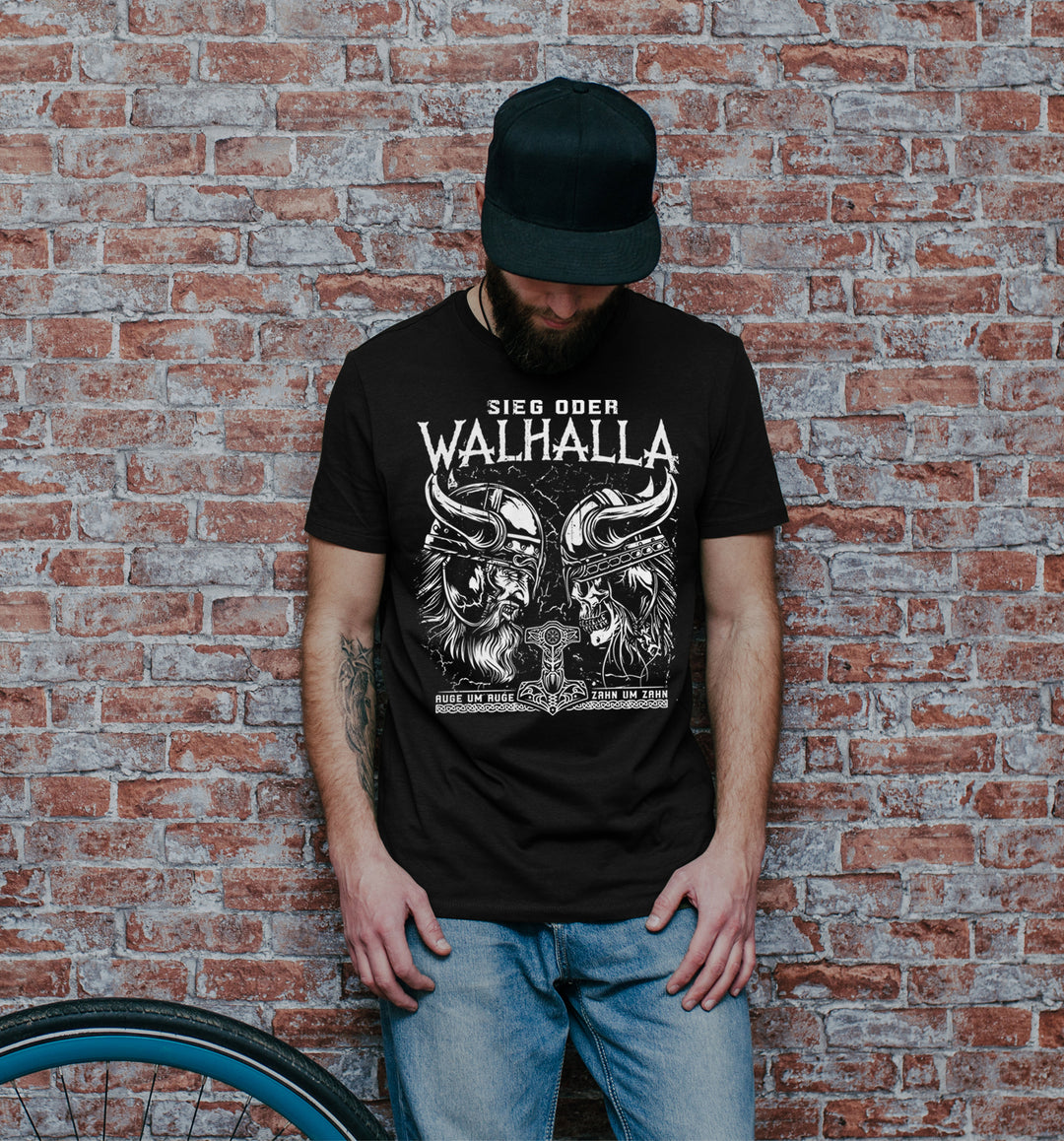 Sieg oder Walhalla T-Shirt | Wikinger Germanen Runen Odin Berserker | M1 Auge
