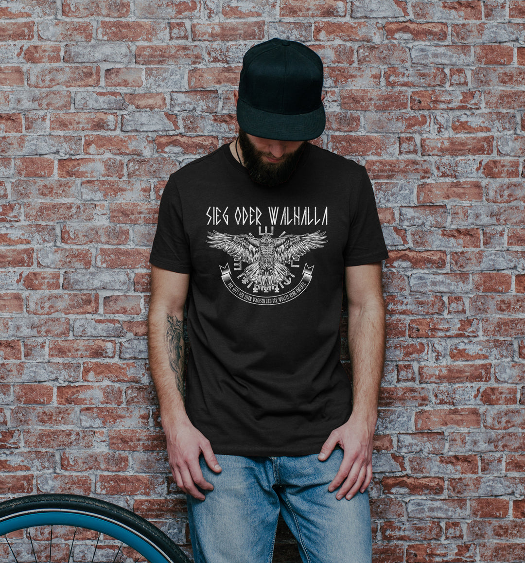 Sieg oder Walhalla T-Shirt | Wikinger Germanen Runen Odin Berserker | M1 Hugin