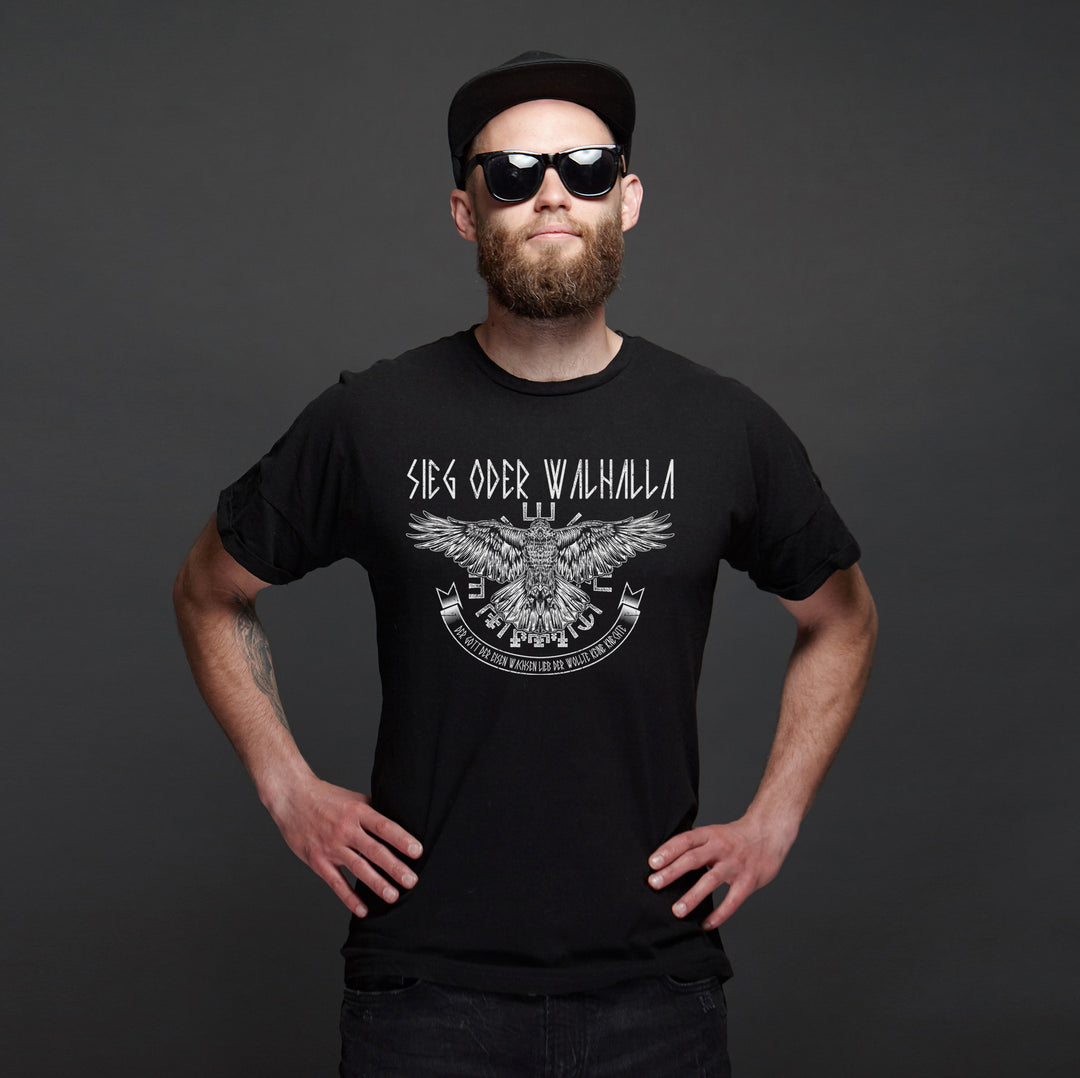 Sieg oder Walhalla T-Shirt | Wikinger Germanen Runen Odin Berserker | M1 Hugin