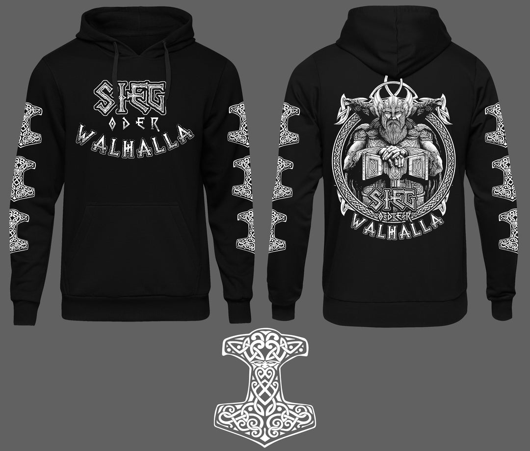 Sieg oder Walhalla Kapuzenpullover | Odin Wikinger Valhalla | M5 Ärmeldruck