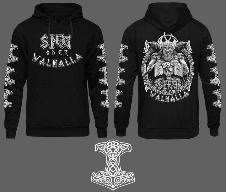 Sieg oder Walhalla Kapuzenpullover | Odin Wikinger Valhalla | M5 Ärmeldruck