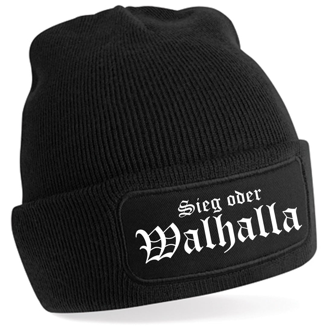 Sieg oder Walhalla Mütze | Wikinger Germanen Wintermütze | Patch Beanie