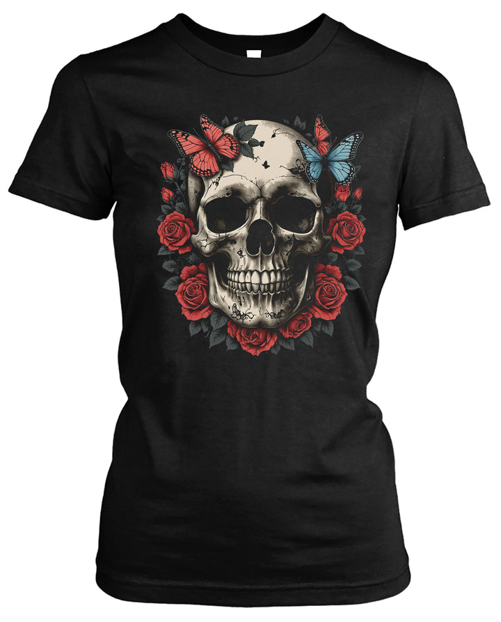 Skull Butterfly Damen T-Shirt | Rosen Gothic Tattoo | M1