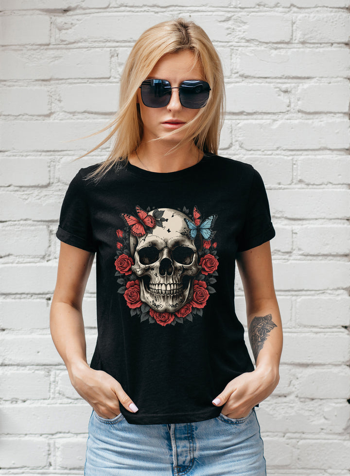 Skull Butterfly Damen T-Shirt | Rosen Gothic Tattoo | M1