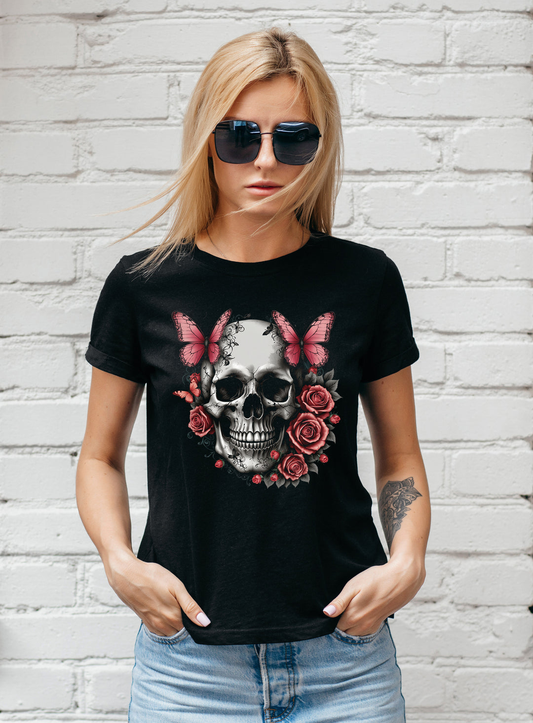 Skull Butterfly Damen T-Shirt | Rosen Gothic Tattoo | M2