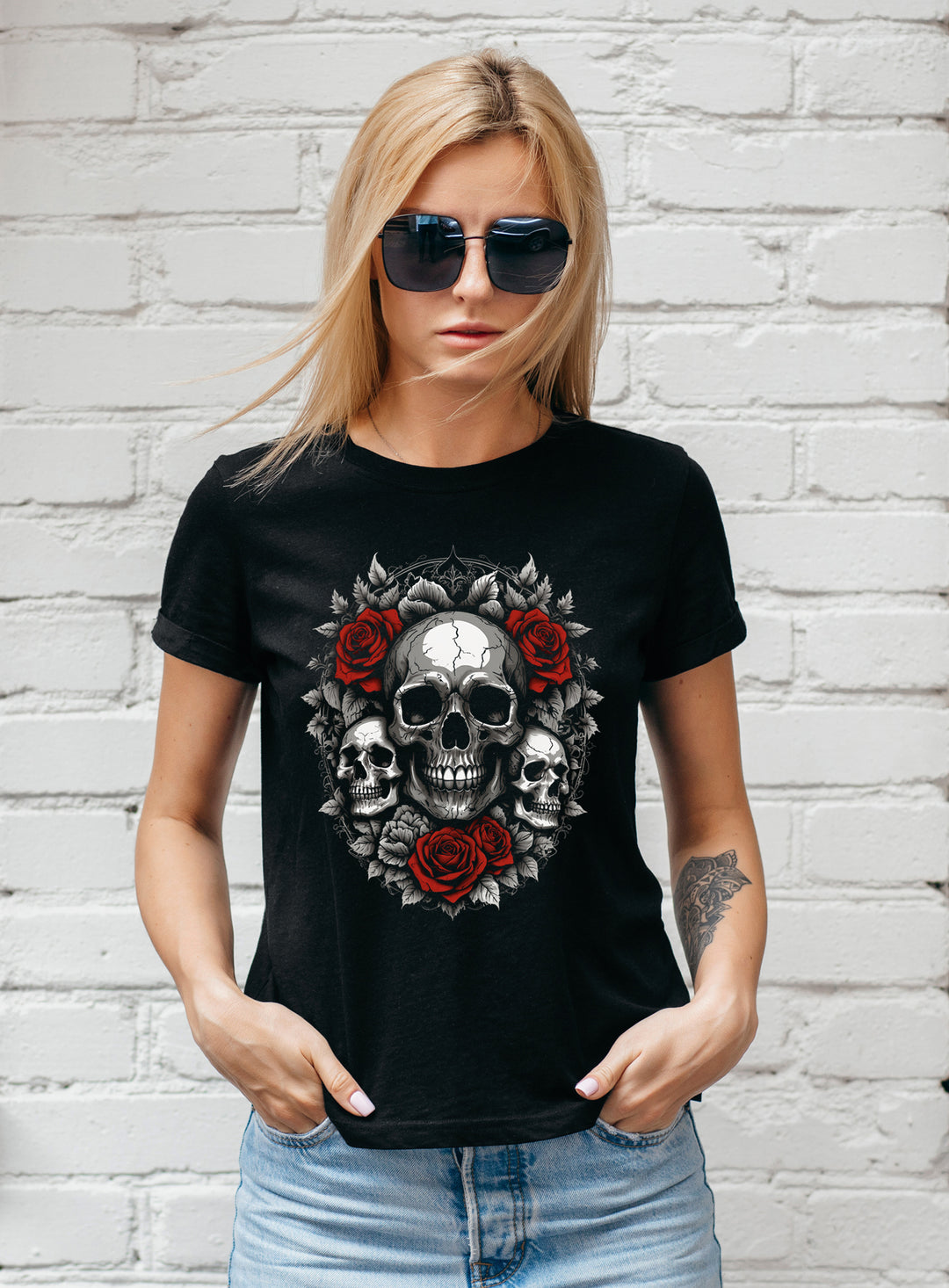 Skull Roses Damen T-Shirt | Rosen Gothic Tattoo | M1