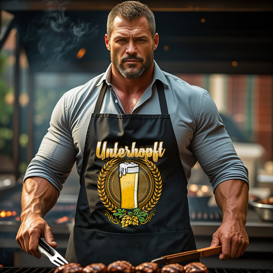 Grillschürze – „Unterhopft“ – BBQ Schürze mit Spruch für Männer